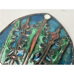 Henry George Murphy (1884-1939), Arts & Crafts enamel panel, of bulbous elliptical form decorated with a stylised crown in green, red and white, upon a turquoise toned ground, H12cm W9cm