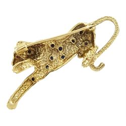 9ct gold sapphire, ruby and diamond leopard brooch, hallmarked