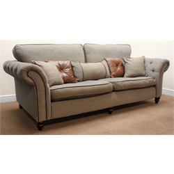  Grande sofa upholstered in deep buttoned grey linen fabric with piping, cushion back, turned supports (W240cm)    