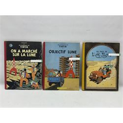 Twenty one first edition Herge, 'The Adventures of Tin Tin' books published by Casterman Bruxelles, with French text and coloured comic strip illustrations throughout; comprising Tintin Au Congo 1946, Tintin En Amerique 1946, Les Cigares du Pharaon 1955, Le Lotus Bleu 1946, L'Oreille Cassee 1943, L'ile Noire 1943, Le Sceptre d O'ttokar 1947, Le Crabe Aux Pinces D'or 1943, L'Etoile Mysterieuse 1942, Le Secret de la Licorne 1943, Le Tresors de Rackan Le Rouge 1945, Les 7 Boules de Cristal 1948, Le Temple du Soleil 1949, Au Pays de L'Or Noir 1950, Objectif Lune 1953, On a Marche sur la Lune 1954, L'Affaire Tournesol 1956, Coke en Stock 1958, Tintin au Tibet 1960, Les Bijous de la Castafiore 1963 and Vol 714 Pour Sydney 1968
