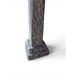 19th century weathered sandstone birdbath, formed in four sections, square top with carved shell bath, raised on tapering column with stepped base