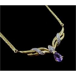 9ct gold amethyst and diamond necklace, hallmarked and a pair of matching pendant stud earrings, stamped 9K 