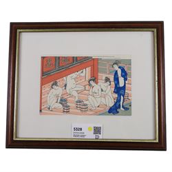 Moghul School (19th/20th century): Erotic scenes, pair watercolours unsigned 19cm x 13.5cm; Japanese School (19th/20th century): Lady's Bath House, woodcut print 13cm x 19cm (3)
