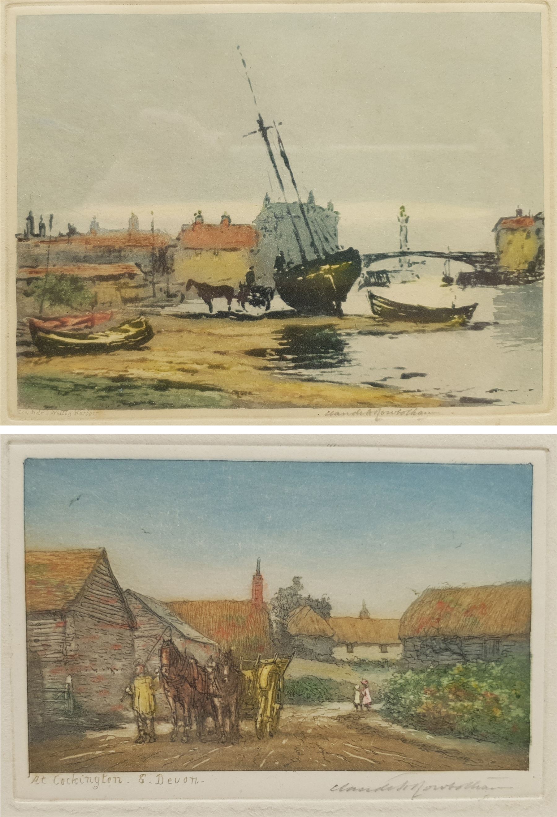 Claude Hamilton Rowbotham (British 1864-1949): 'Low Tide Whitby Harbour' and 'At Cockington South Devon', two coloured etchings with aquatint signed in pencil, titled in the plate 11cm x 15cm and 6cm x 10cm (2) (one unframed)