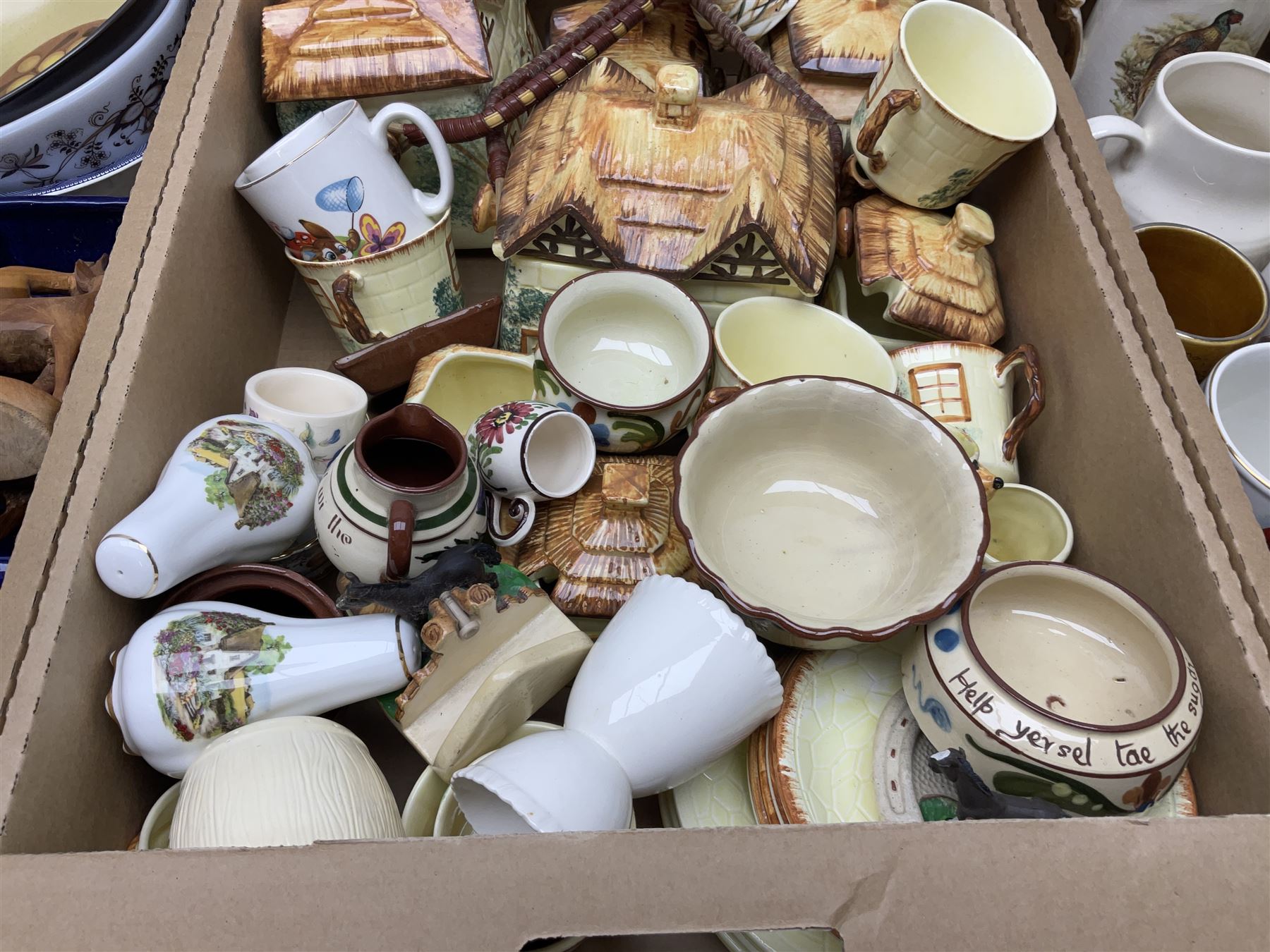 Two Poole Pottery dinner plates and a meat plate, four Copeland Spode Bermuda pattern dinner plates, Sadler jug, Keele St Pottery cottage tea wares, Torquay Motto ware, blue and white jug and bowl, two large planters and other ceramics, etc, in four boxes 