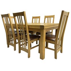 Multi-York - light oak dining table, rectangular draw leaf extending top, on square supports; together with a set of six chairs high back dining chairs with brown leather upholstered seats 