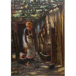 Arthur Claude Cooke (British 1867-1951): Child and Cat Playing under the Pergola, oil on canvas signed and dated 1897, 68cm x 49cm
