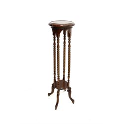 Mahogany jardinière stand, circular moulded top on barley twist turned supports