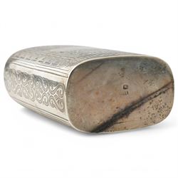 Victorian silver hip flask engraved with scrolls and vacant cartouche within a key pattern border, screw off cap 12cm Birmingham 1862 Maker Henry Hyde Aston