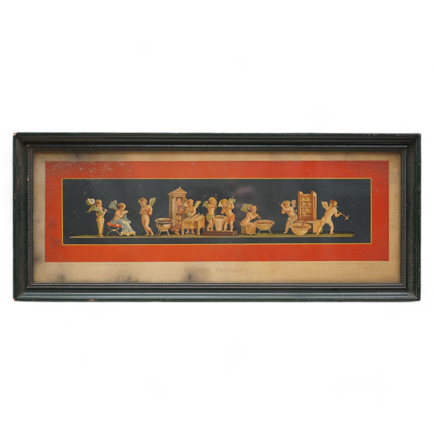 Geramia Discanno (Italian 1839-1907): Pompeii Frescos of Putti and Amorini, set seven 19th century lithographs with hand-colouring pub. 'Pompeii, House of the Vettii, Piccoli Amorini', Italy c.1890 max 18cm x 50cm (7)
Notes: Discanno was an Italian genre and landscape painter, who collaborated with archaeologists, lithographers and art historians to record the wall paintings in the Roman ruins of Pompeii and Herculaneum that were being excavated at the time.