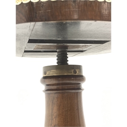 Victorian rosewood adjustable piano stool, circular revolving upholstered seat on turned column support, lobe carved platform base, three scroll carved feet, H53cm (lowest height)