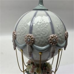 Lladro Flying High, modelled as a hot air balloon, with brass chains to suspended blossom filled basket, no 6523, with original box, H23cm