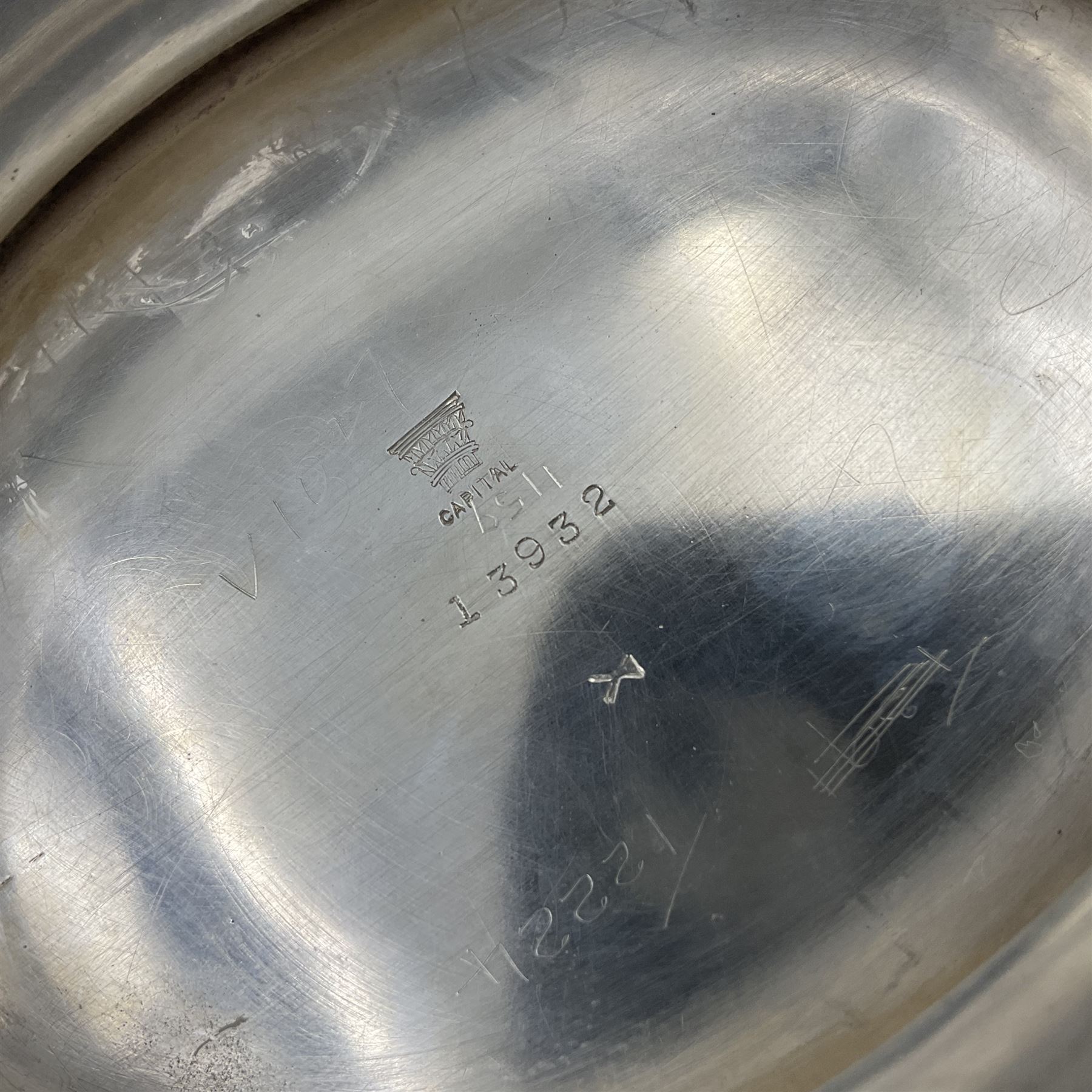 1920s silver twin-handled pedestal bowl, of navette form with twin bifurcated acanthus capped scroll handles, engraved with initial R to body and upon spreading oval foot, hallmarked Hawksworth, Eyre & Co Ltd, Sheffield 1925, including handles H21.8cm