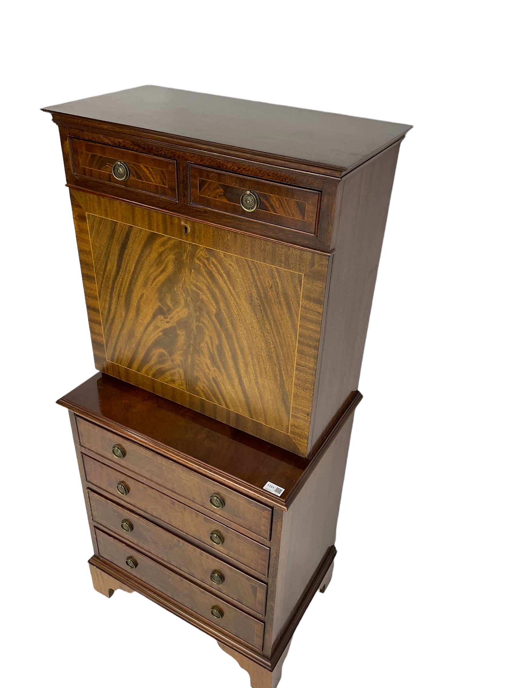 Shaw of London - mahogany secretaire chest, the upper section fitted with two drawers over fall front enclosing drawers, cupboard and pigeon holes, the lower section fitted with four graduating drawers, on bracket feet
