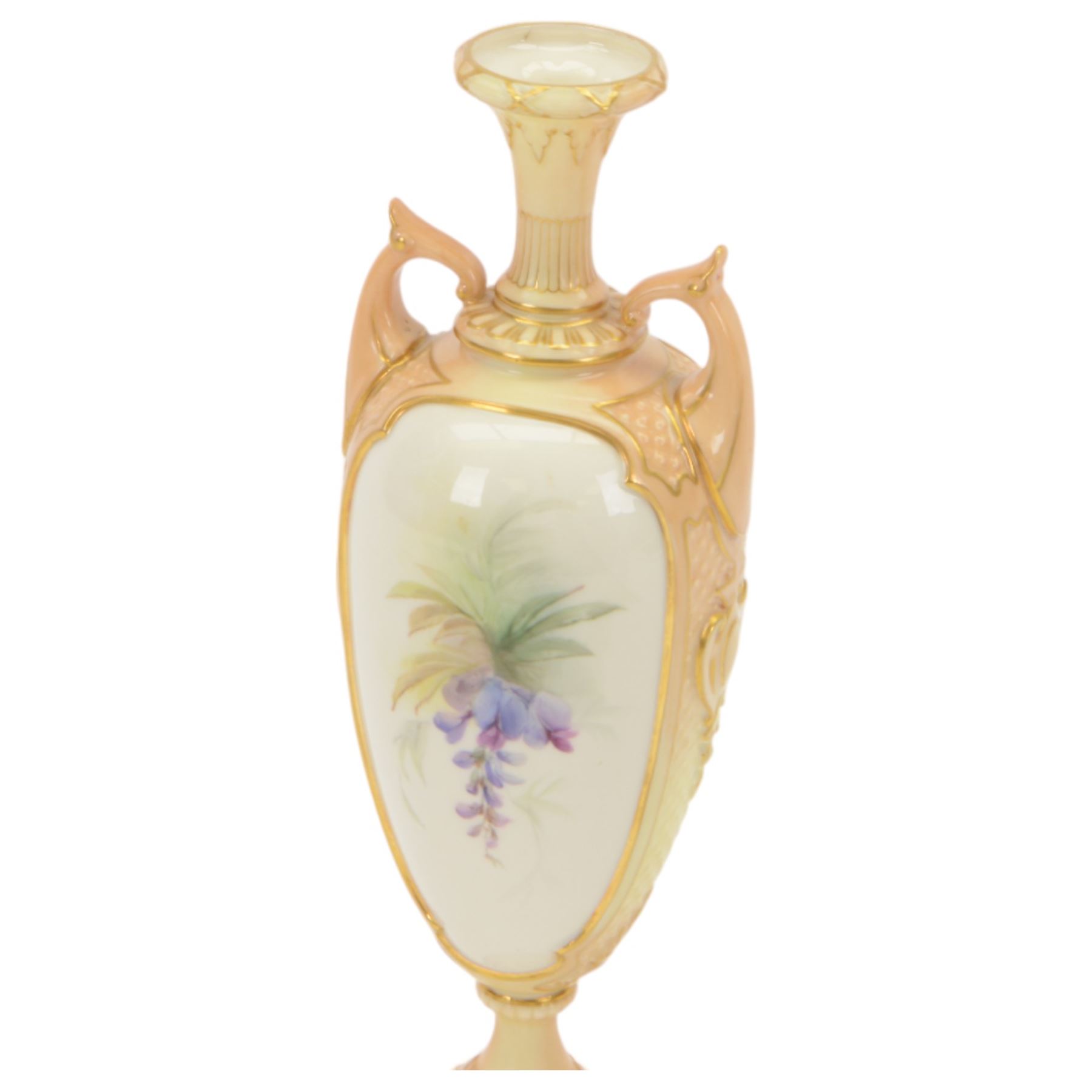 20th century Royal Worcester twin handled pedestal vase, the panels decorated with wisteria and signed Cole, with puce printed mark beneath, H27cm