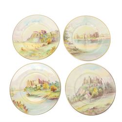 Four Minton hand painted castle plates by J Shaw, depicting 'Harlech Castle - Merionethshire' 'Stirling Castle - Sterlingshire' 'Caernarvon Castle - Caernarvonshire' and 'Arundel Castle - Sussex', with printed marks to base, D27cm (4)