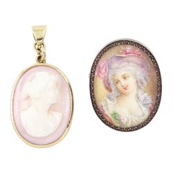 19th/ early 20th century French portrait brooch, set with an oval miniature of a woman on ...