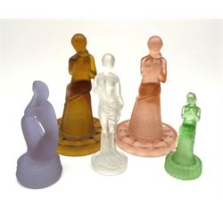 A group of five Art Deco pressed glass figures, modelled as semi nude females, including an amber and rose glass pair, largest H20.5cm. 