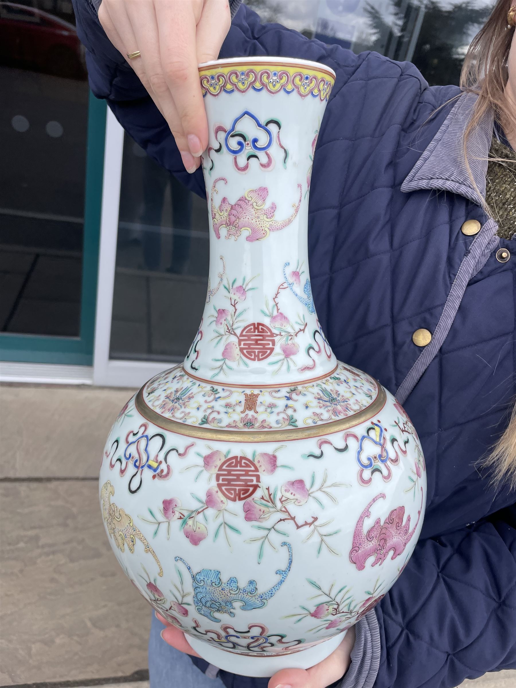 Chinese Qing Dynasty famille rose baluster vase decorated with bats, peaches etc with Tongzhi marks H40cm