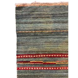 Shiraz Kilim green ground rug, with red patterned stripes