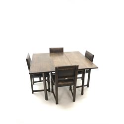 Georgian oak drop leaf dining table, square supports (W132cm, H73cm, D114cm) and four oak framed dining chairs upholstered in studded leather, turned supports (W50cm)