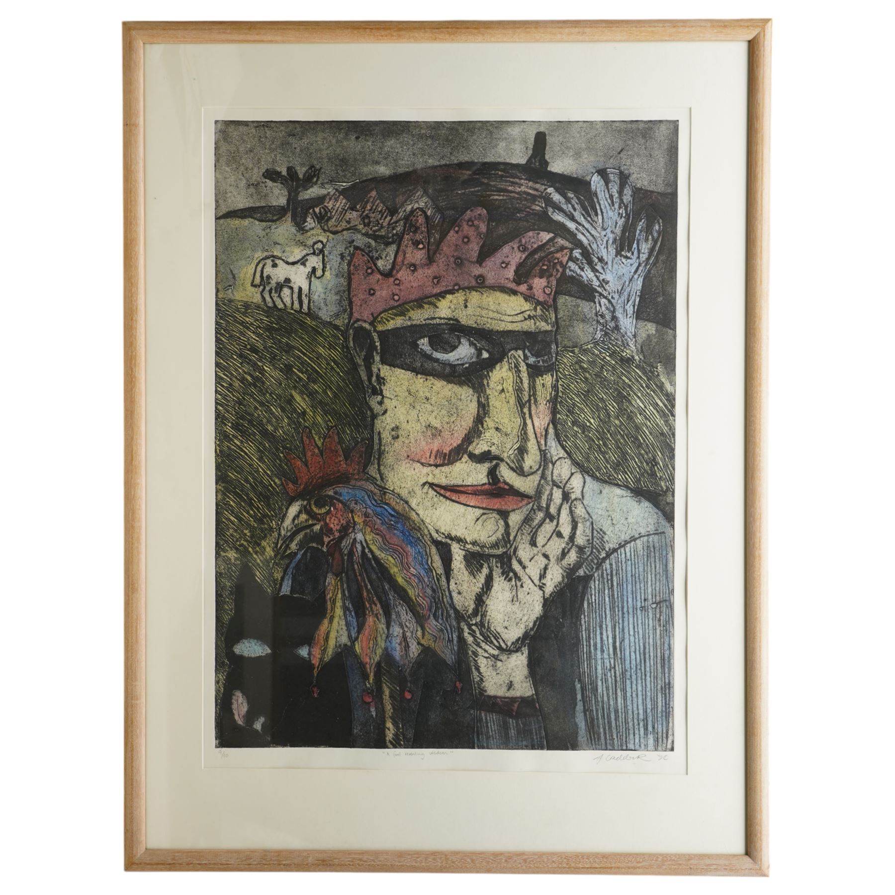Adrienne Craddock (British Contemporary): 'A Fool Revealing Wisdom', etching in colours signed titled dated '90 and numbered 4/10 in pencil 74cm x 54cm
