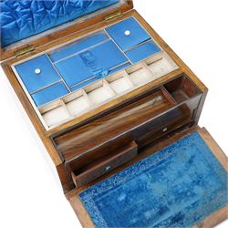 Victorian walnut writing/needlework box with parquetry banding and mother of pearl escutcheon and key plate, hinged lid with fitted interior and fall front with writing surface and two small drawers 