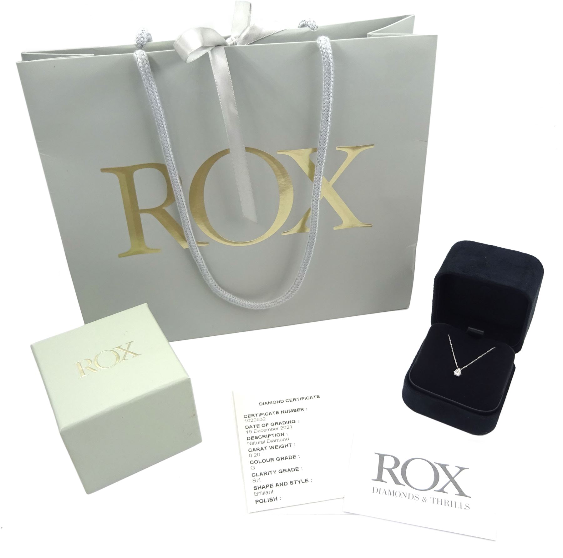 Rox Honour 18ct white gold single stone round brilliant cut diamond pendant necklace, hallmarked, diamond 0.20 carat, boxed with certificate