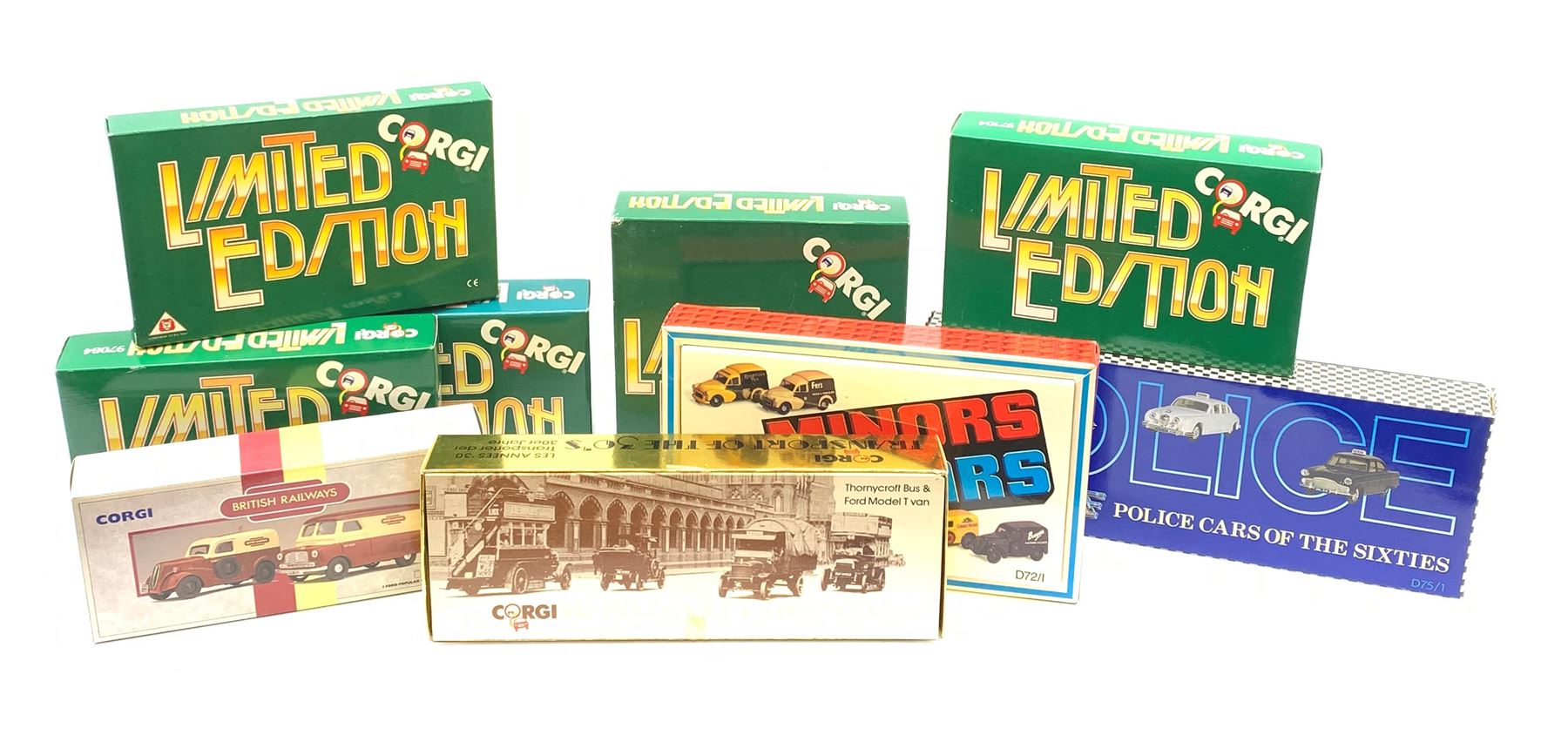 Corgi limited edition models - Transport of the 30s set; British Rail set; D72/1 Minors and Populars set; D75/1 Police Cars of the Sixties set; and five others D17/1, C26, 97084, 97086 and 97104; all mint and boxed with certificates (9)
