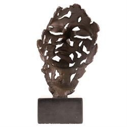 Bronze abstract sculpture of a pierced face, upon a squared marble base, H27cm