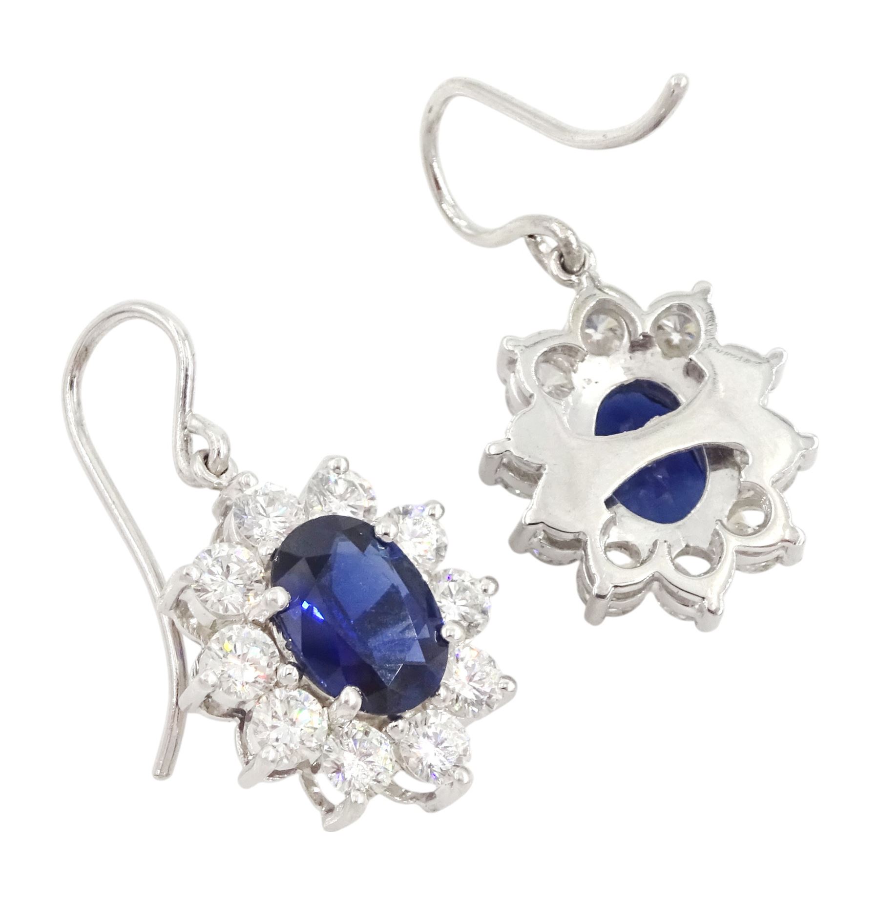 Pair of 18ct white gold oval cut sapphire and round brilliant cut diamond pendant earrings, total sapphire weight approx 2.65 carat, total diamond weight approx  2.00 carat