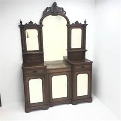  Victorian inlaid mahogany stepped inverted breakfront mirror back side cabinet, shaped and pierced cresting rail, two drawers above three mirror glazed front cupboards, plinth base, W147cm, H215cm, D42cm,   