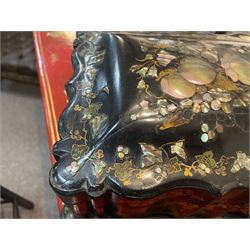 Victorian black lacquered papier-mâché sewing box, of rectangular form with shaped sides, the slightly domed top with inlaid mother of pearl and abalone decoration, the sides with gilt and polychrome painted scrollwork, the hinged cover opening to reveal a fitted interior with lift out tray, H14cm