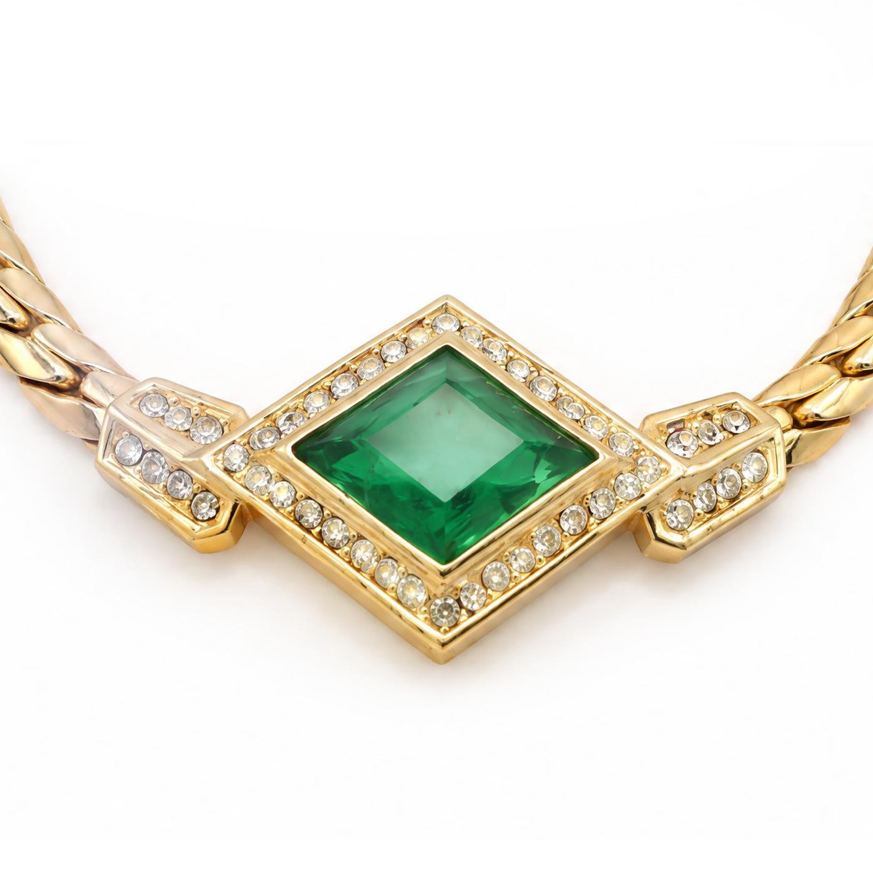 Dior gilt metal Gripoix green and white crystal set collar necklace, stamped Chr. Dior, with a matching pair of earrings, circa 1980's