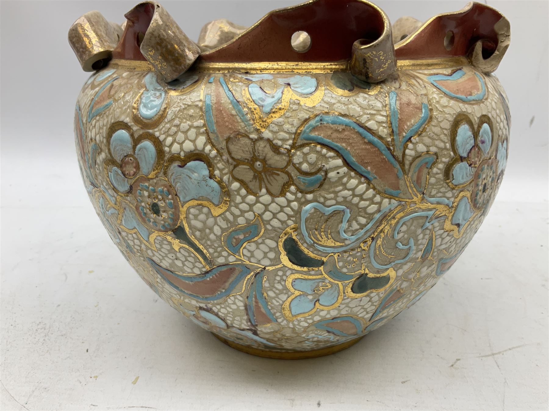 Three jardinières comprising West German Gerz example decorated in relief, Doulton Slaters example with frilled everted rim and a majolica example, and a further two Arthur Wood majolica jugs (5)