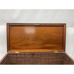 19th century teak chest, with sunken brass handle, the hinged lid with brass plaque engraved 'H.H. Earle 1899', H34cm, L83cm, notes: reputedly the chest of H.H.Earle, daughter of George F Earle of the Earle shipbuilding family of Hull 