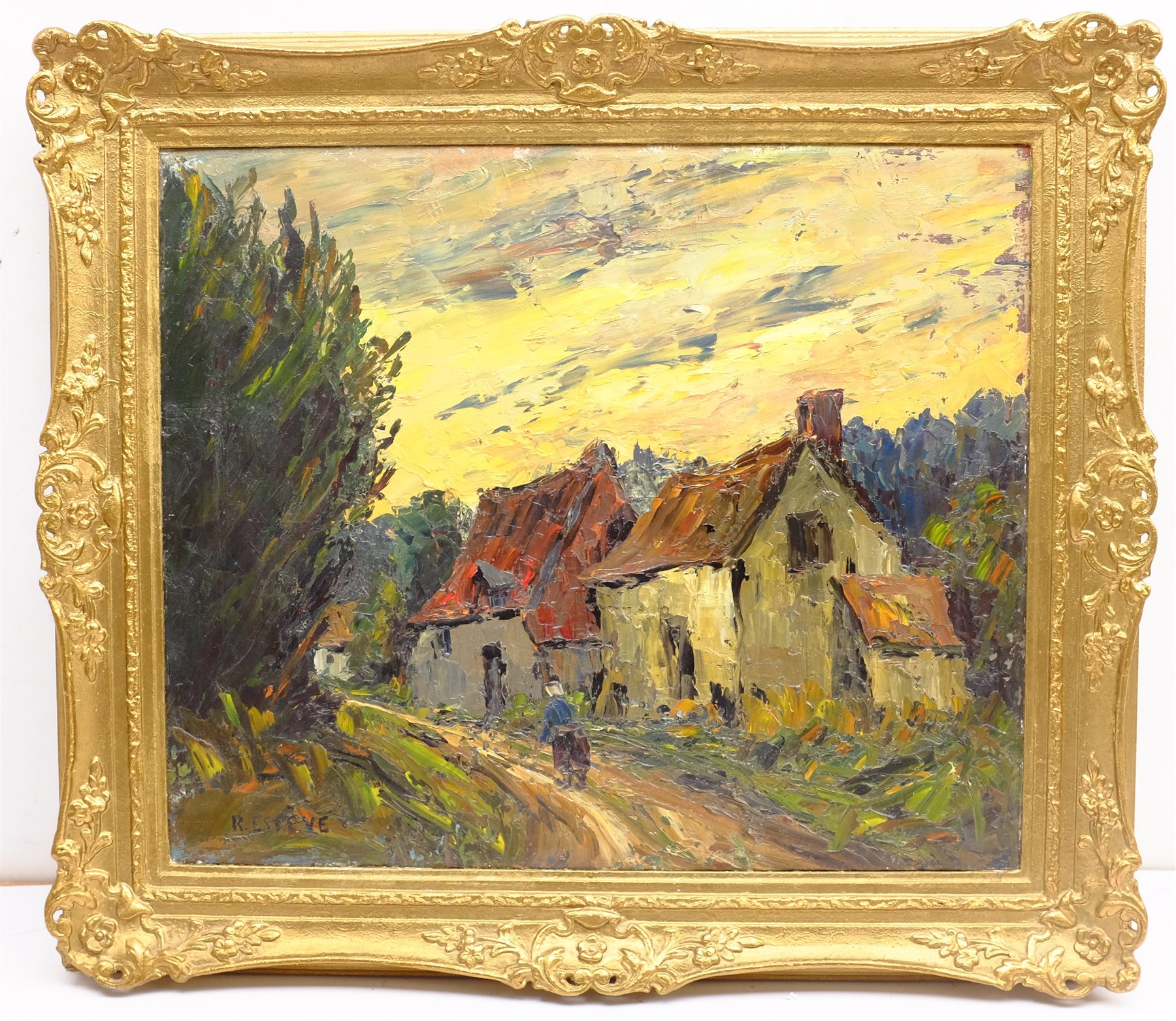 Remy Esteve (French 1917-2005): Country Lane with Cottages, oil on canvas signed 46cm x 55cm