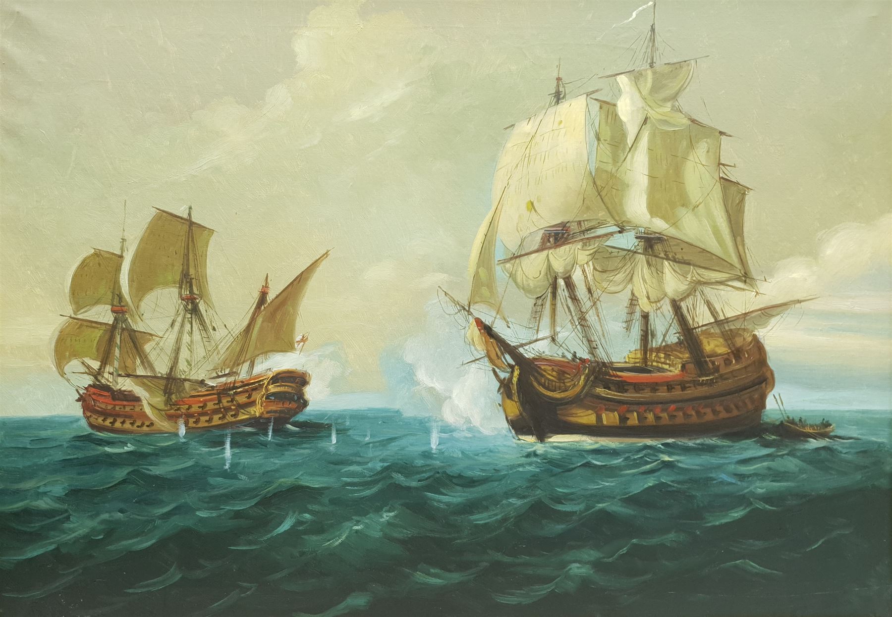 English School (20th century): Naval Battle, oil on canvas unsigned 64cm x 91cm