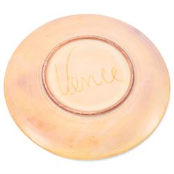 Monique Brunner - earthenware plates, decorated with fish and shellfish, upon a pink and cream ground, signed Vallauris beneath, six D20cm, one D24cm  