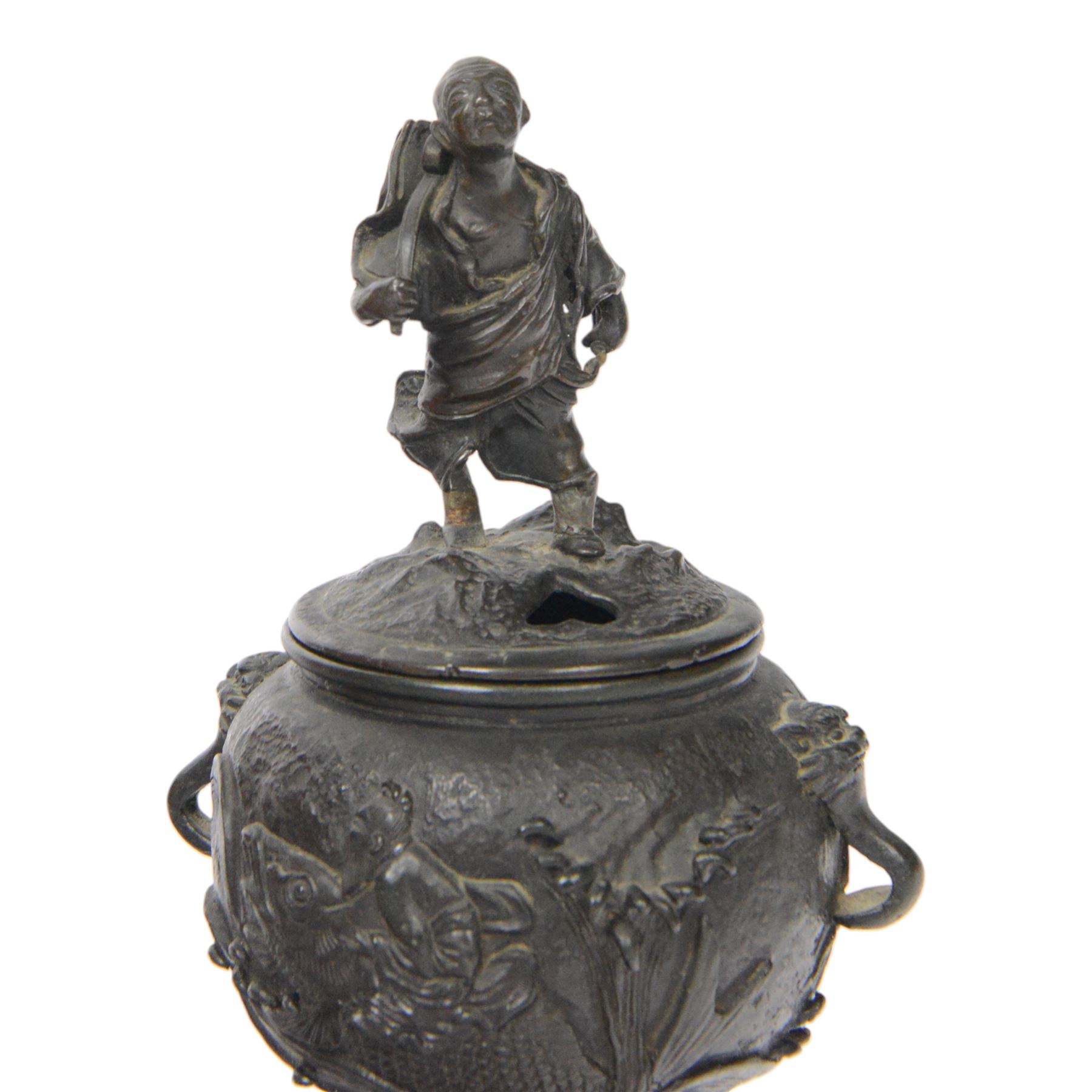 Pair of Japanese bronze koro, raised upon three feet, he body of the koro decorated with figures and animals, the cover mounted with figures, H24cm