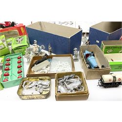 Fifty modern lead figures of mounted and foot soldiers, various period uniforms from 18th century to WW2, painted and unfinished with related paperwork; small quantity of Hornby '00' gauge model railway items and track; and four boxed Subbuteo teams etc