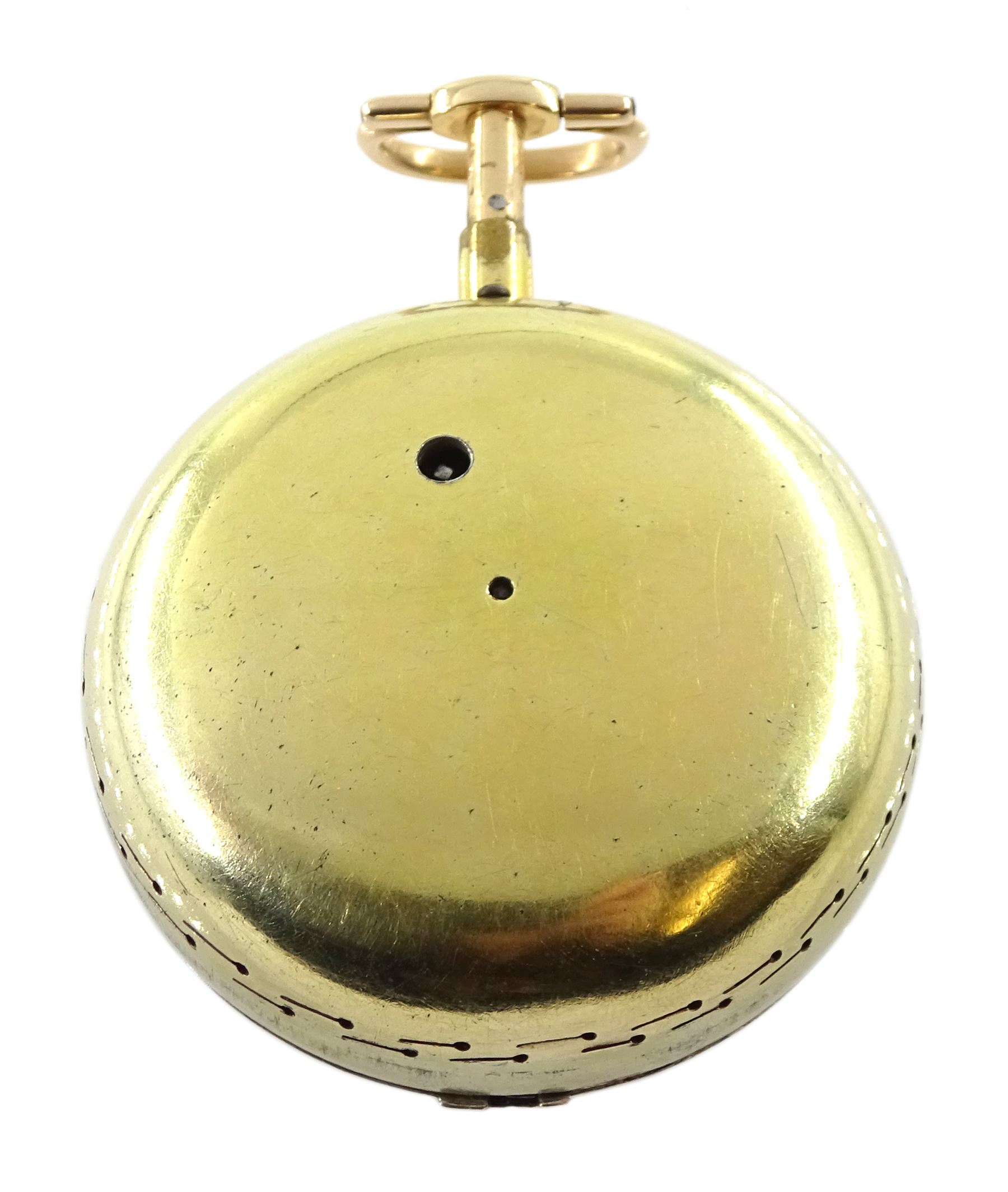 18th century gilt pair case quarter repeating cylinder fusee pocket watch by Matthew Hill (London 1744-ca.1790), No. 417, round pillars, pierced and engraved balance cock with diamond endstone, white enamel dial with Roman numerals, plunge repeat in the pendant, bull's eye glass, the outer case engraved with initials and bird with inscription 'Hazard Zit Forward'