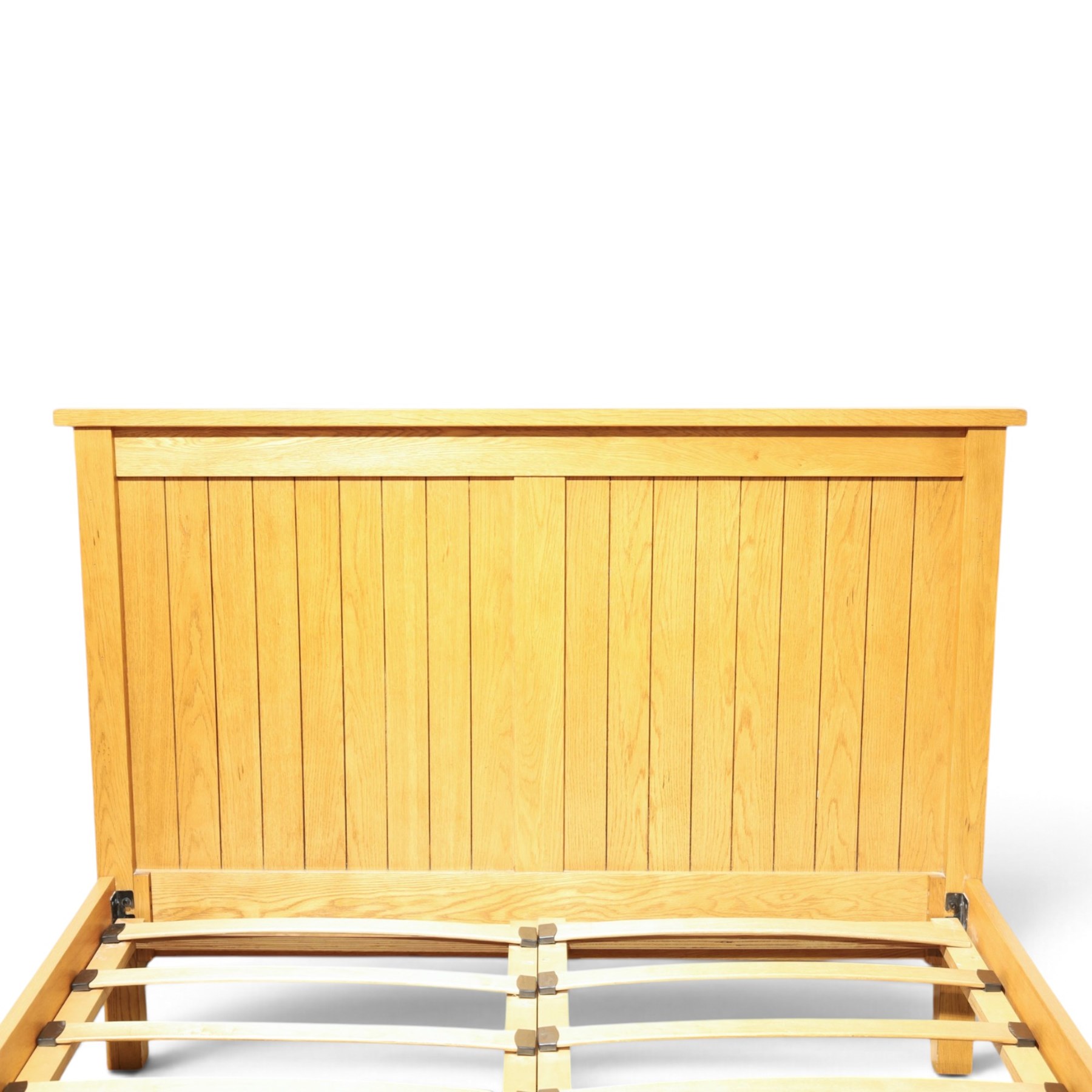 Oak double bed, tongue and groove head and footboard, square supports