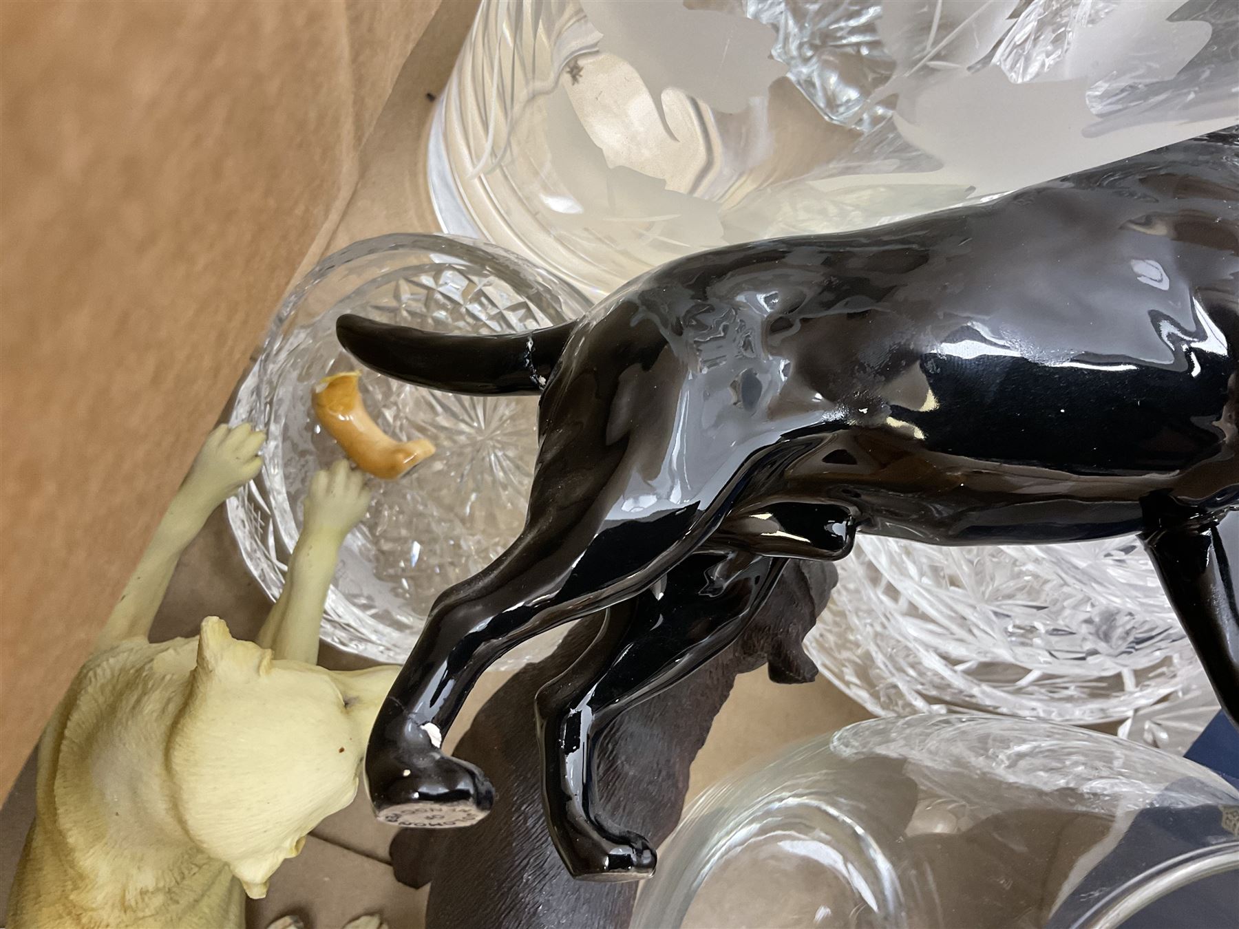 Royal Worcester Gold Chantilly pattern dish, Royal Doulton Naples pattern teapot, Beswick dogs (a/f), other ceramics and glassware to include Royal Doulton etc, die-cast to include Corgi etc, together with a quantity of cds, in five boxes