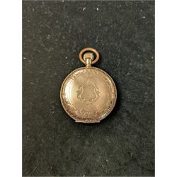 Waltham USA gold plated full hunter pocket watch, the white enamel dial with subsidiary seconds dial, the front cover engraved and embossed with blank cartouche in a floral border, the back cover engraved with stag