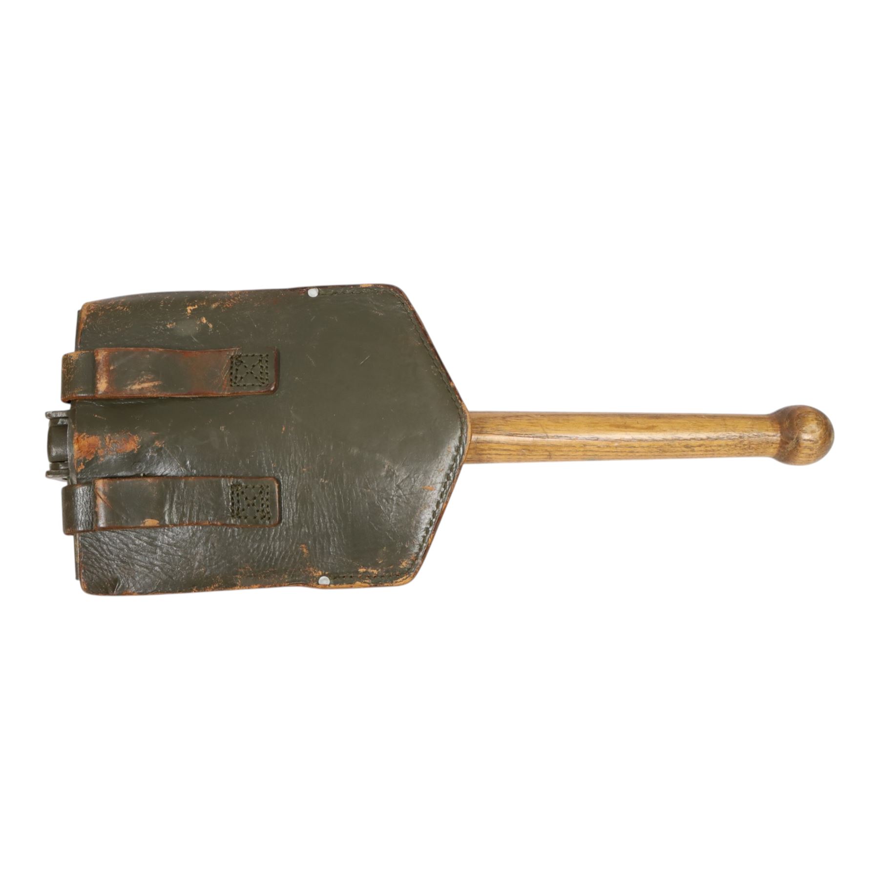 German WWII folding trench shovel with cover, together with a folding spoon and fork 