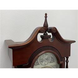 Mahogany longcase clock, scrolled pediment with central finial, Roman dial signed 'Tempus Fugit', 31-day movement striking the hours and half on coil