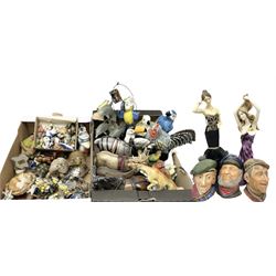 Three Legend Products plaster head wall plaques, comprising The Tinker, Jock and The Bosun, together with two The Leonardo Collection figures Sophistication and Desire, tallest H35cm, Quantity of animal figures and figure groups, to include ceramic and composite examples of dolphins, birds, Shire horses etc, in two boxes