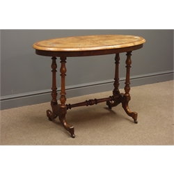  Victorian walnut oval stretcher table on four turned supports, and stretcher, W98cm, H69cm, D55cm  
