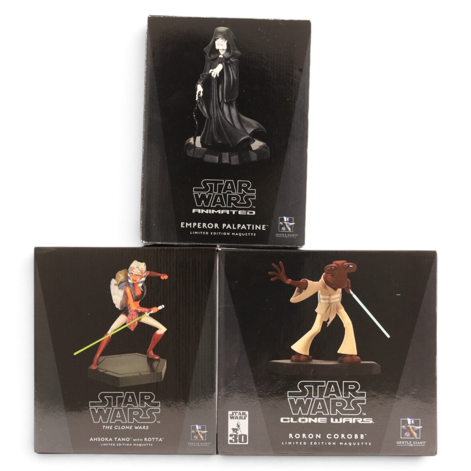 Three limited edition Gentle Giant Star Wars Animated Maquettes, comprising Emperor Palpatine, Clone Wars Roron Corobb and Clone Wars Ahsoka Tano with Rotta, all boxed 